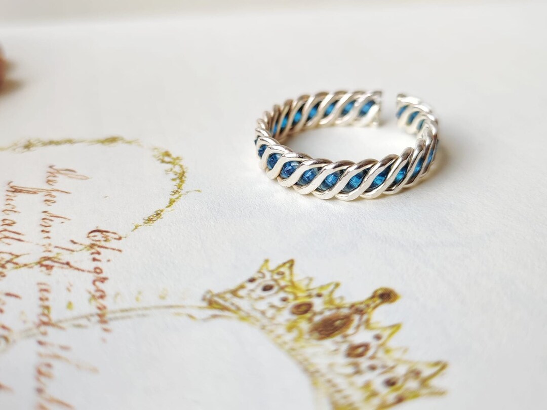 Pure Silver Chain Band Adjustable Ring Green & Blue Link Etsy UK