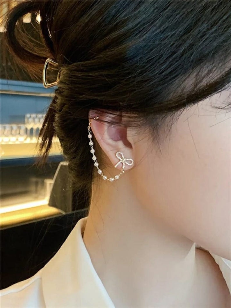 Long Butterfly Ear Cuffs Chain Dangle Chain Tassel Pearl Ear Etsy