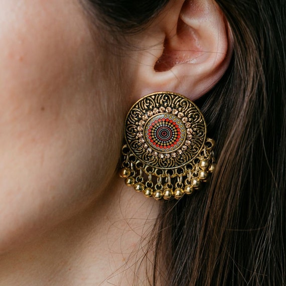 Golden round disc bell button indian asian muslim ethnic stud earrings |  Fruugo US