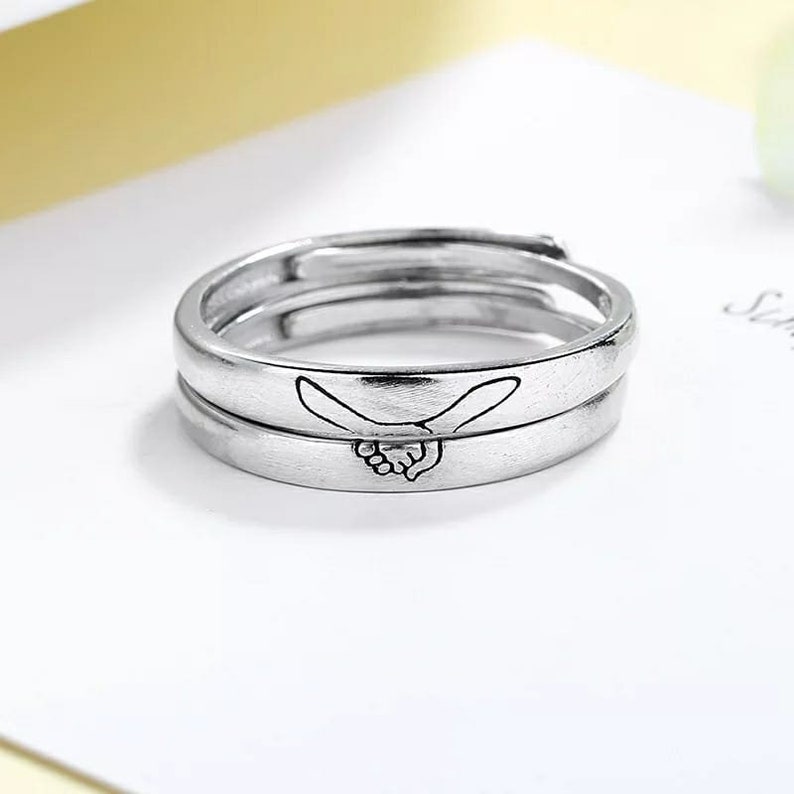 Wedding Anniversary Ring Slim Silver his and hers hand promise rings Silver Couple Promise Band Ring set Holding Hands couple Ring
