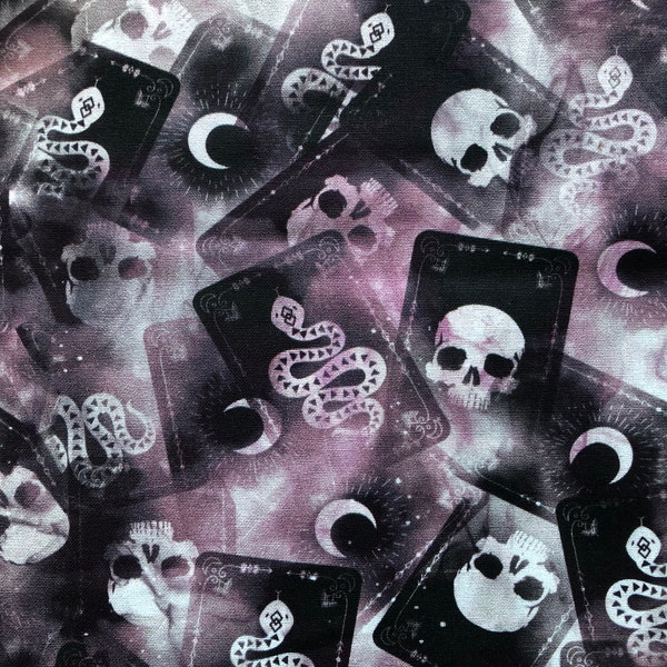 Purple Skulls and Snakes Tarot Cards Mystic Halloween Lightweight Woven Cotton Fabric Purple White Black Occult Halloween Fabric Cotton