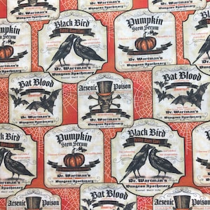 May include: A Halloween-themed fabric with a repeating pattern of potion bottles. The bottles have labels with spooky names like "Bat Blood", "Arsenic Poison", "Pumpkin Stem Serum", and "Black Bird". The labels are in a vintage style with illustrations of bats, skulls, pumpkins, and ravens.