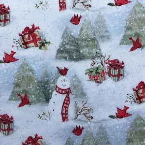 Susan Winget Snowy Cardinals Snowmen Christmas Cotton Fabric Holiday Lightweight Woven Cotton Christmas Snowmen Fabric