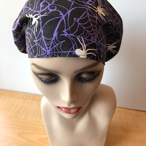 Womens Halloween Scrub Cap Euro Fit Scrub Hat Chemo Cap Spider Nurses Scrub Hat Halloween Scrub Cap Euro Style with elastic and toggle.