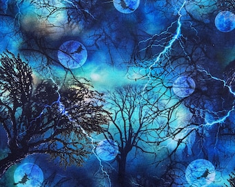 Witches Flying on Broom on a Stormy Night Lightweight Woven Cotton