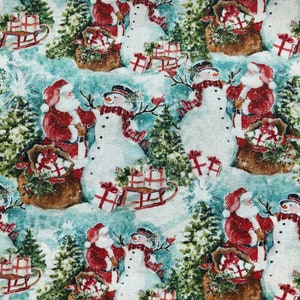 Susan Winget Santa&#39;s Snowman Christmas Fabric Lightweight Woven Cotton Holiday Fabric Santa Snowman Quilting Cotton