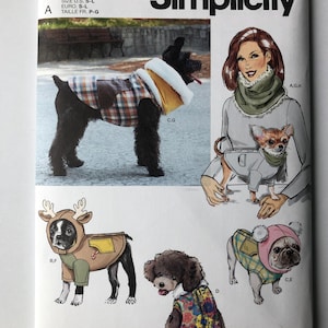 May include: Simplicity sewing pattern S9663 featuring dog clothing designs. The pattern includes various outfits, such as a plaid coat with a faux fur collar, a reindeer costume, and a floral dress. The text "easy-to-sew" is also visible.