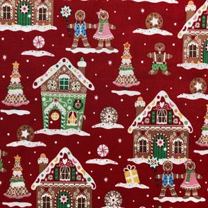 Gingerbread Village on True Red Lightweight Woven Cotton Brother Sister Hobby Lobby Gingerbread Cookie House Christmas Holiday Fabric