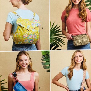 May include: Four different styles of bags are shown in this image. The first bag is a yellow floral backpack with a flap closure. The second bag is a leopard print fanny pack. The third bag is a blue fanny pack with a graphic of a sun and the words "Sunshine Vibes". The fourth bag is a pink fanny pack with a crown graphic and the words "Princess Vibes".