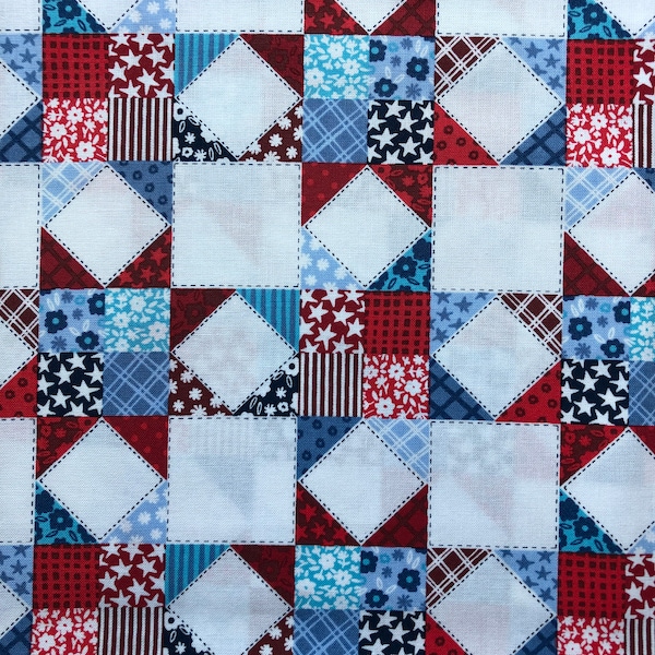 Patriotic Red White Blue Lightweight Woven Cotton Fabric AMF Heirloom Quilt Pattern Patriotic Quilting Crafting Sewing Cotton Fabric