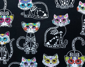 Sugar Skull Cat Skeleton Halloween Fabric Halloween Cotton Black Halloween Fabric