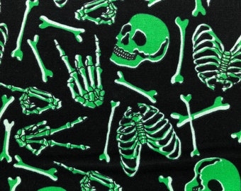 Glow in the Dark Skeletons and Skulls Halloween Fabric Tossed Bones Skeleton Fabric