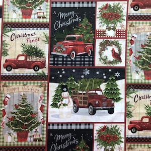 Christmas Collage Red Truck Christmas Lightweight Woven Cotton Fabric Editions Holiday Cotton Fabric