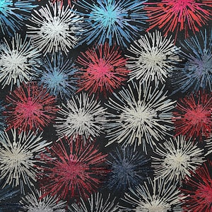 Puede incluir: Una tela negra con un patrón repetitivo de diseños de estallidos estelares en tonos vibrantes de rojo, rosa intenso, azul claro y blanco. Los estallidos están compuestos por líneas finas y radiantes que crean un efecto visual denso de fuegos artificiales.