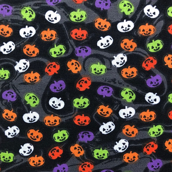 Mini Bright Colorful Pumpkins Floating on a Black and Gray Swirl Background Halloween Quilting Fabric Pumpkin Lightweight Woven Cotton