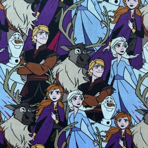 May include: A repeating pattern featuring characters from the animated film "Frozen." The design includes Anna, Elsa, Kristoff, Olaf, and Sven, set against a light blue background. The characters are depicted in their signature outfits, with purple, blue, and brown tones.