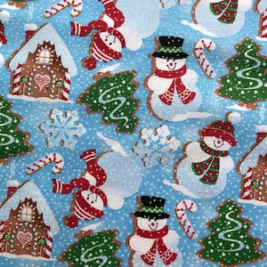 Laurie Campbell Fabric Traditions Snowman Christmas Fabric La-di-draw Christmas Cookies Holiday Baking Fabric Lightweight Cotton Blue Fabtic