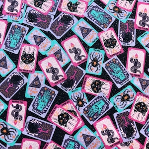 Tarot Cards Pink Purple Halloween Lightweight Woven Cotton Fabric Halloween Quilting Sewing Crafting Fabric Occult Halloween Fabric