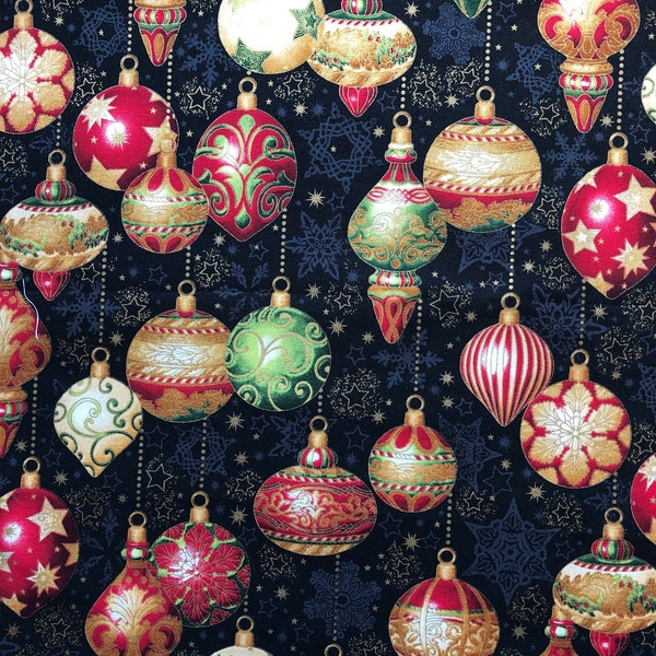 Holiday Flourish APTM Fabric Christmas Tree Ornaments on Black Background Christmas Holiday Lightweight Cotton Colorful Ball Christmas
