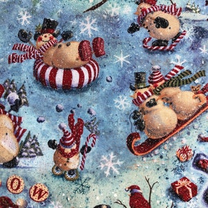 1/2 yard Snowmen&#39;s Winter Fabric Blue Christmas Lightweight woven cotton Geoff Allen Creative Springs. Winter Seasonal
