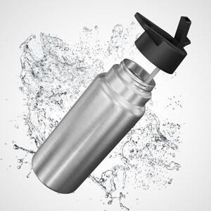 May include: A stainless steel water bottle with a black lid and a straw. The bottle is surrounded by water droplets.