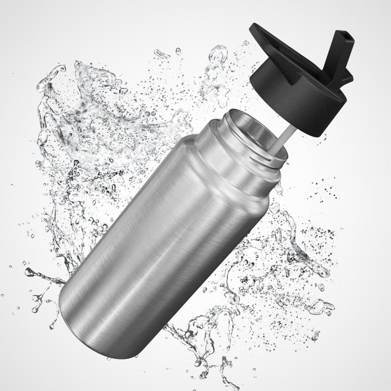 May include: A stainless steel water bottle with a black lid and a straw. The bottle is surrounded by water droplets.
