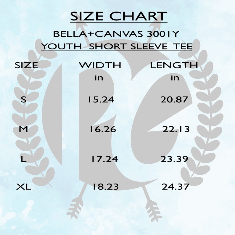 Pu&ograve; includere: Tabella delle taglie per la t-shirt a maniche corte per ragazzi Bella + Canvas 300IY. Taglie S, M, L e XL con le misure di larghezza e lunghezza corrispondenti in pollici.