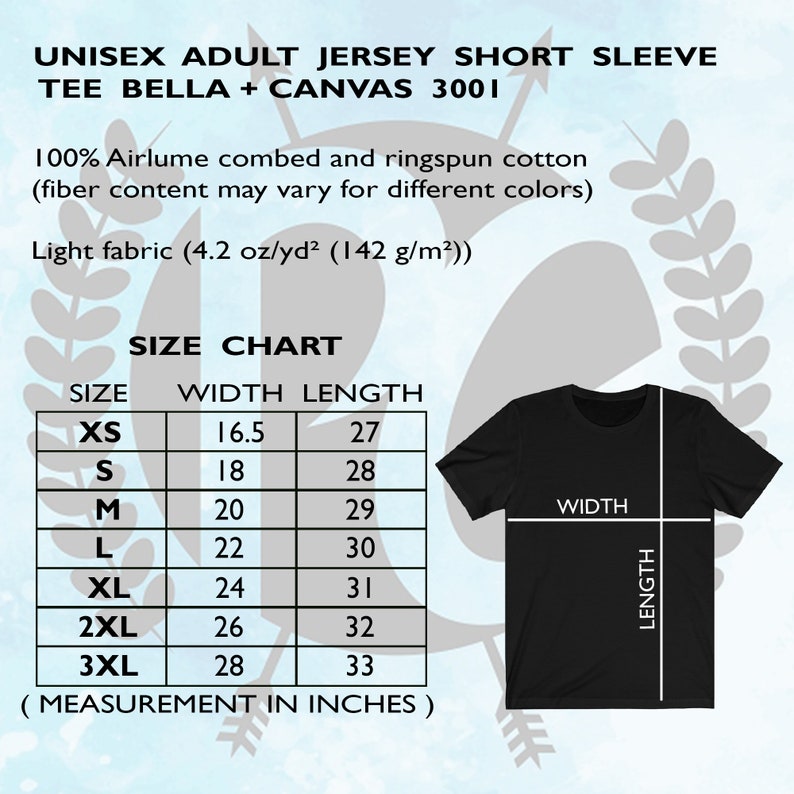 May include: Black unisex adult jersey short sleeve tee shirt. The image includes a size chart with measurements in inches, and the shirt's fabric composition and weight. The shirt is made of 100% Airlume combed and ringspun cotton.