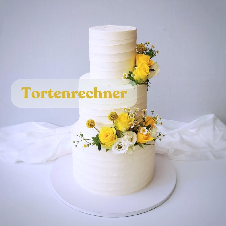 May include: A three-tiered white cake decorated with yellow roses and other flowers. The cake has a textured buttercream frosting and sits on a white cake stand. The text "Tortenrechner" is displayed on the cake.