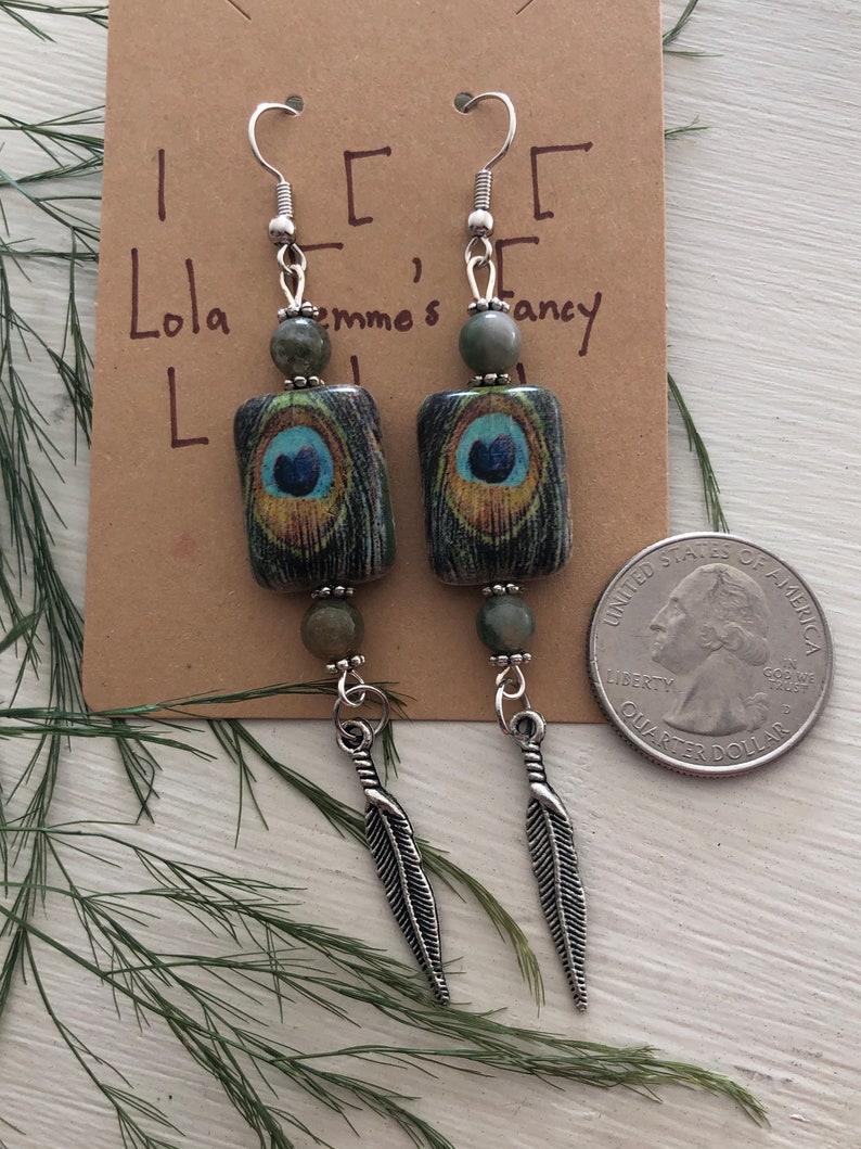 Green Beaded Drop and Dangle Earrings Peacock Silver Feather
