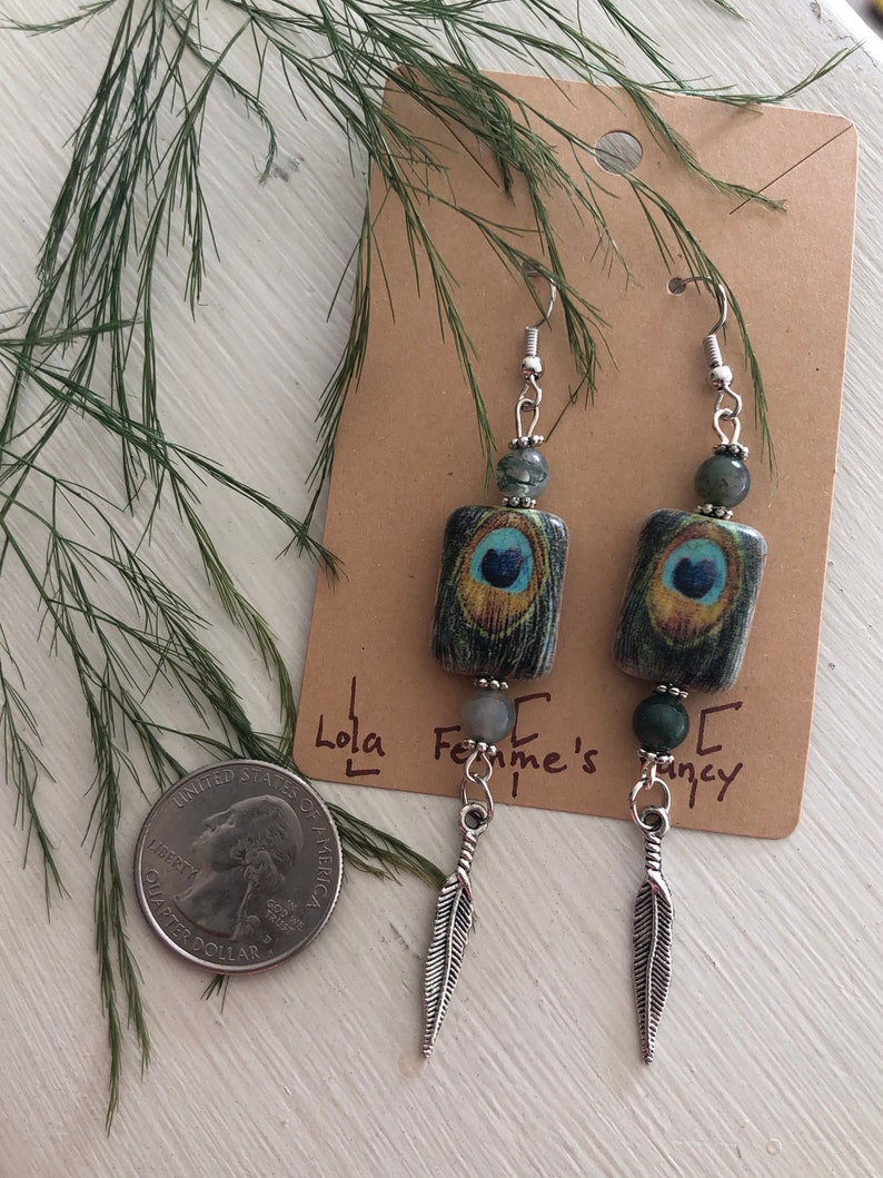 Green Beaded Drop and Dangle Earrings Peacock Silver Feather