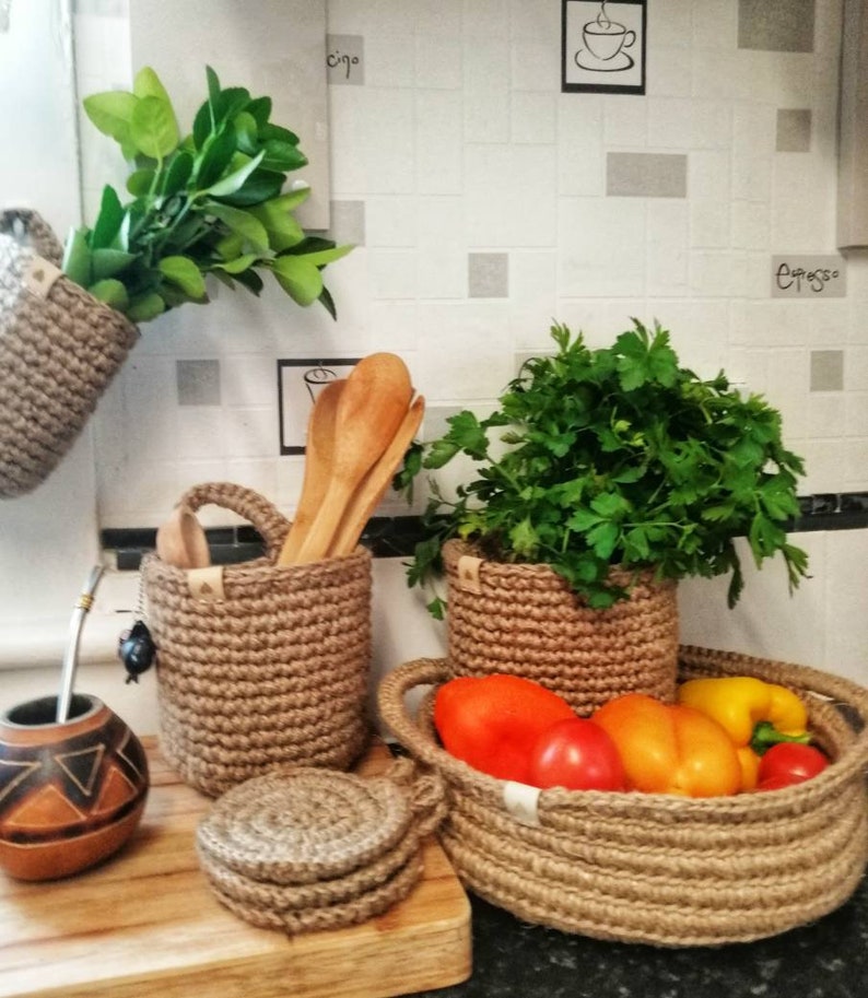 Jute Crochet Hanging Baskets Set of Three Baskets Etsy