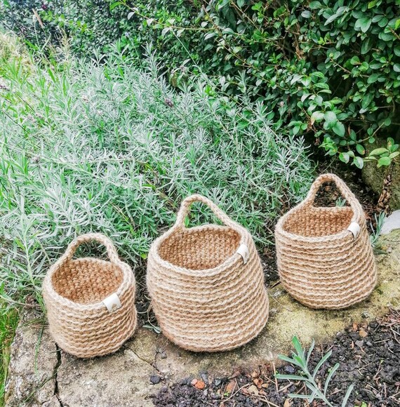 Jute Crochet Hanging Baskets Set of Three Baskets Etsy UK