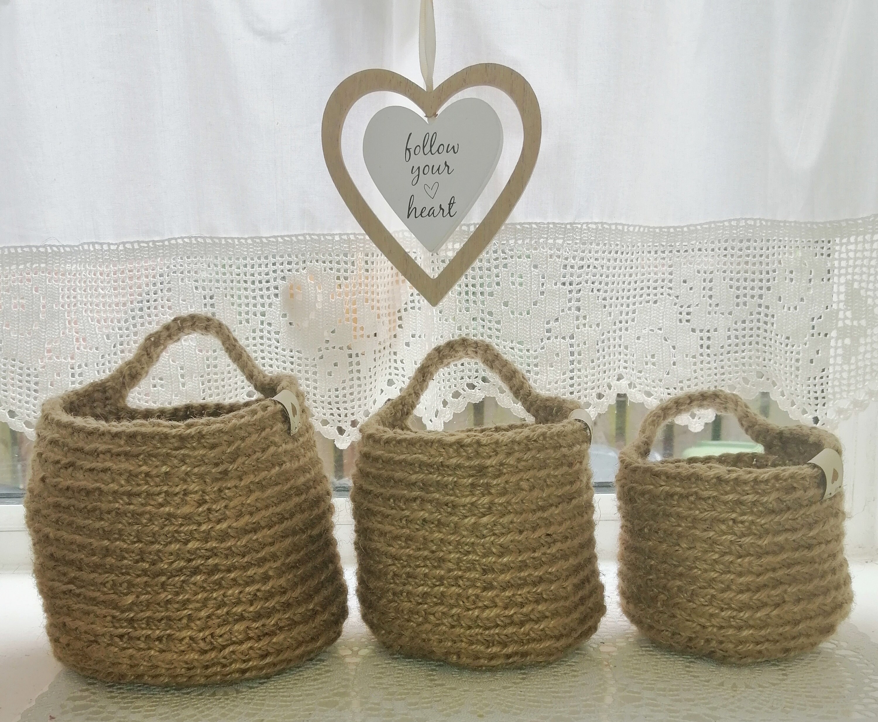 Jute crochet hanging baskets set of three baskets Etsy