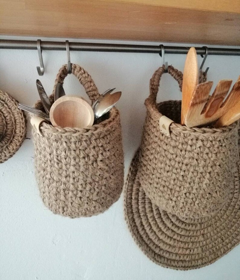 Jute Crochet Hanging Baskets Set of Three Baskets Etsy