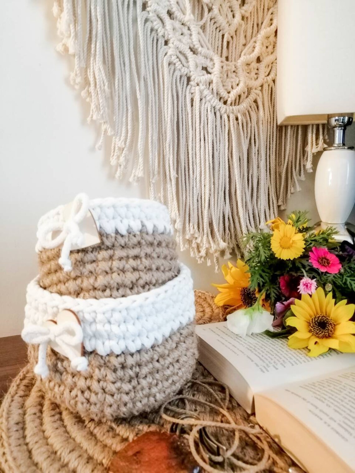 Set of crochet jute twine baskets with cotton rope gift idea Etsy