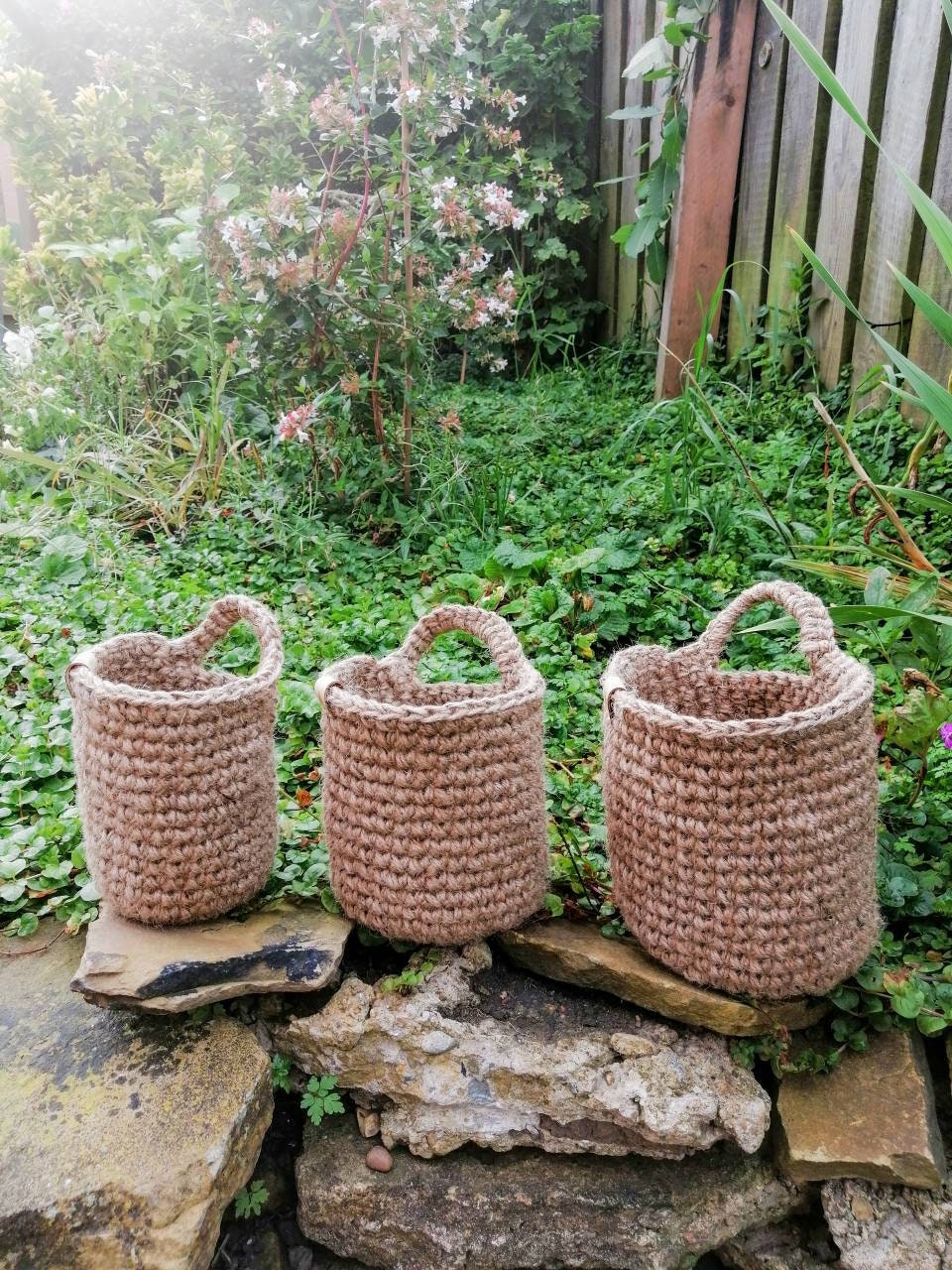 Jute twine crochet hanging baskets sold individually Etsy