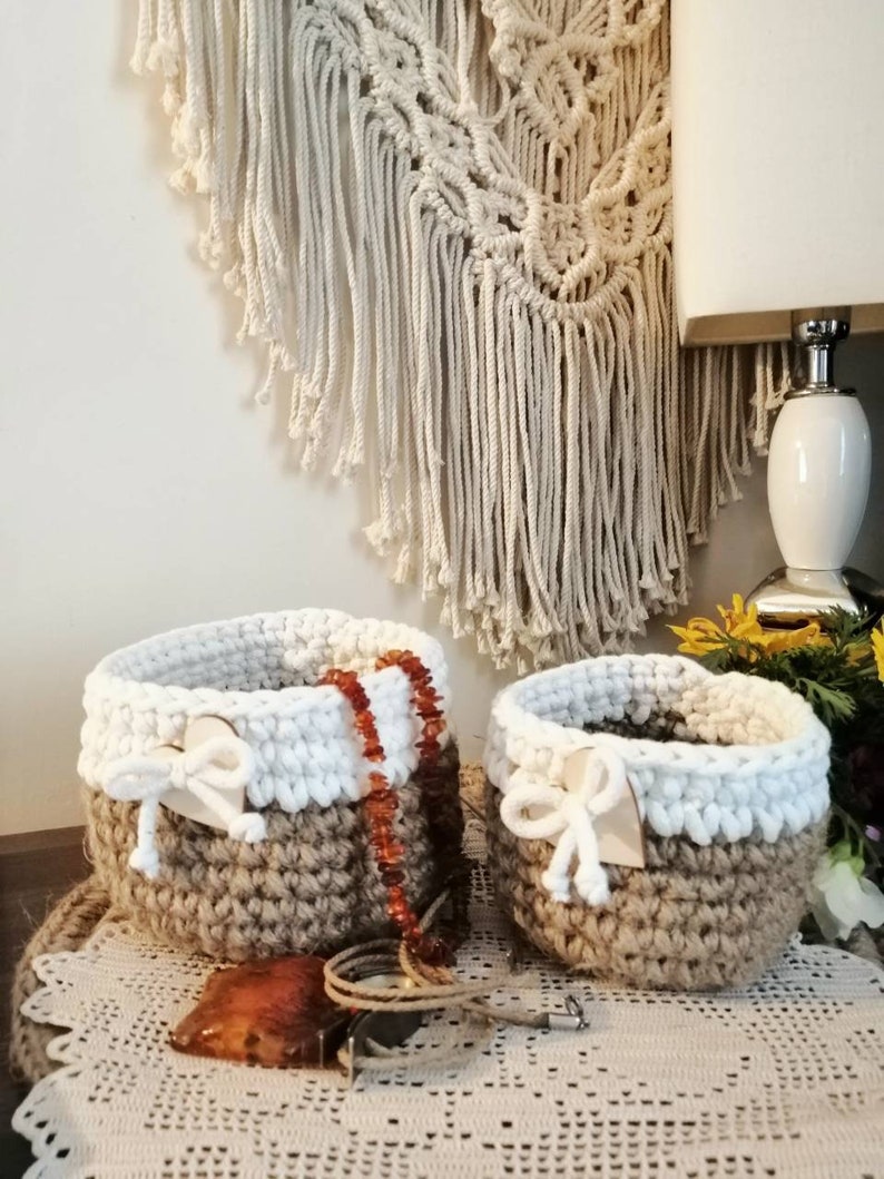 Set of crochet jute twine baskets with cotton rope gift idea Etsy