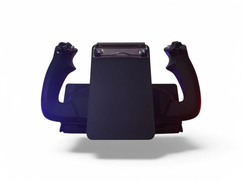 May include: A black gaming steering wheel with two blue and red controllers attached. The steering wheel has a black rectangular display.