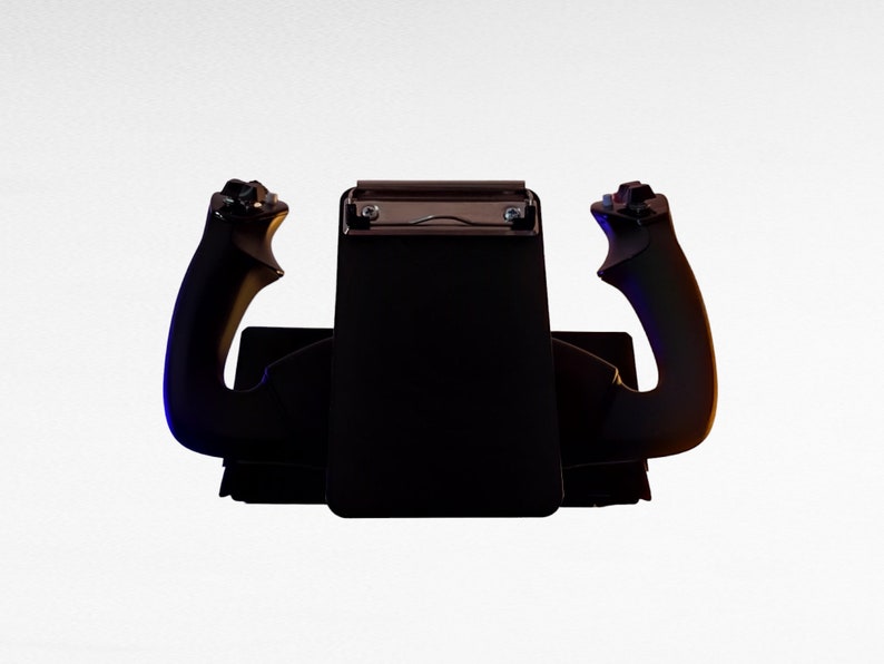 May include: A black flight simulator joystick with two black handles. The handles have a textured grip and are angled slightly outward. The base of the joystick is black and has a silver metal plate with two screws.