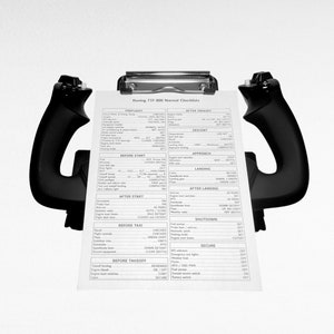 May include: A black and white checklist for a Boeing 737-800 airplane. The checklist is titled "Boeing 737-800 Normal Checklists" and includes sections for Before Start, After Start, Before Taxi, Before Takeoff, Approach, Landing, After Landing, Shutdown, and Secure.
