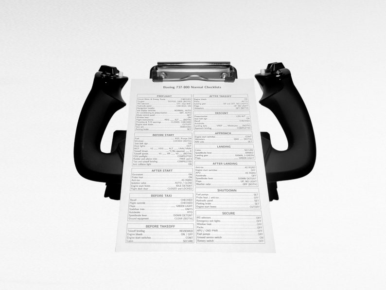May include: A black and white checklist for a Boeing 737-800 airplane. The checklist is titled "Boeing 737-800 Normal Checklists" and includes sections for Before Start, After Start, Before Taxi, Before Takeoff, Approach, Landing, After Landing, Shutdown, and Secure.