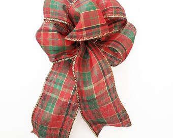 Medium large classic red & green tartan Christmas bow for wreaths, lanterns, tree topper. Handmade bow for rustic farmhouse decor Scottish