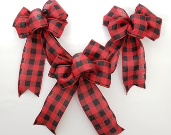 Set of 3 red and black buffalo plaid Christmas bow for wreaths, lantern swag, garlands, tree topper. Handmade bow for rustic farmhouse decor