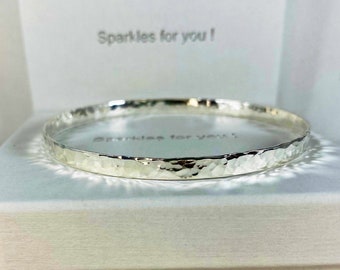 Sterling Silver Flat Bangle Bracelet Hammered Effect 4 mm wide, 3 wrist sizes