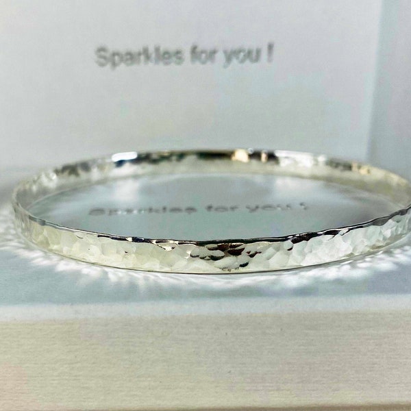 Sterling Silver Flat Bangle Bracelet Hammered Effect 4 mm wide, 3 wrist sizes