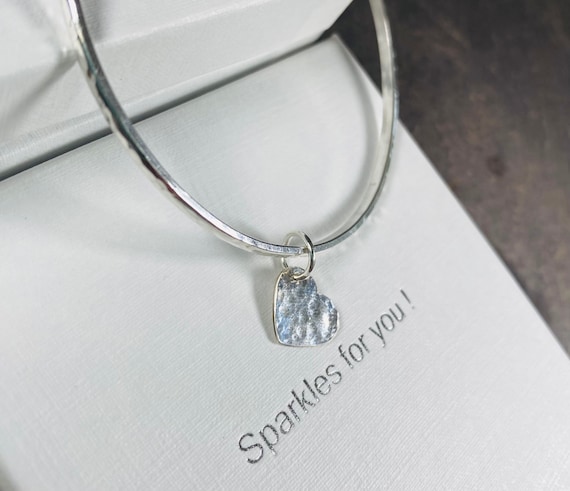 Bangle bracelet with heart shape pendants shop in silver