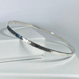 Sterling Silver Flat Bangle Bracelet Hammered Effect 3mm wide, 3 wrist sizes