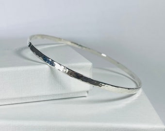 Sterling Silver Flat Bangle Bracelet Hammered Effect 3mm wide, 3 wrist sizes