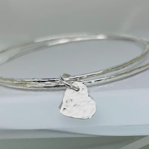 Sterling Silver Stacking Bangles Set With Dangling Heart